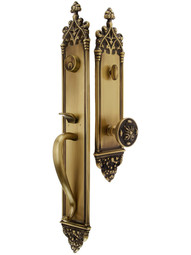 23 3/4 inch Colburg Single Cylinder Thumblatch Entry Door Set With Maltesia Interior Knob In Antique Brass